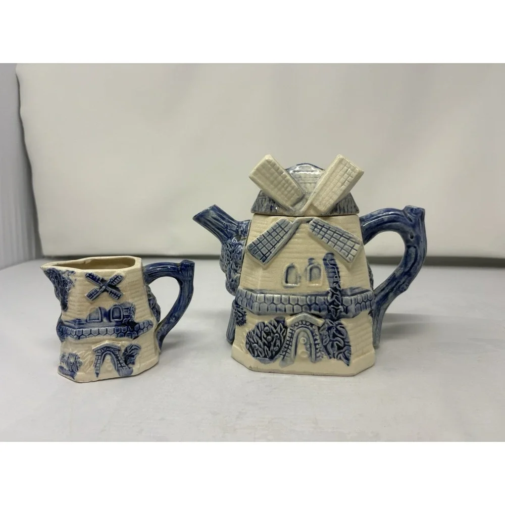 Dutch Windmill Blue & White Teapot Creamer Sugar 2pc Set Vintage Japan Made
